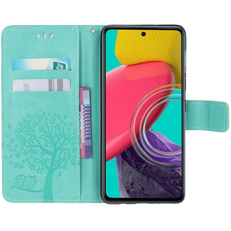 For Samsung Galaxy M33 5G (India Version) PU Leather Owl Tree Pattern Imprinted Phone Cover Wallet Viewing Stand Anti-Drop Protective Case with Wrist Strap - Green