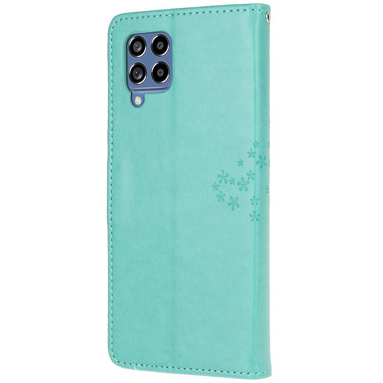 For Samsung Galaxy M33 5G (India Version) PU Leather Owl Tree Pattern Imprinted Phone Cover Wallet Viewing Stand Anti-Drop Protective Case with Wrist Strap - Green