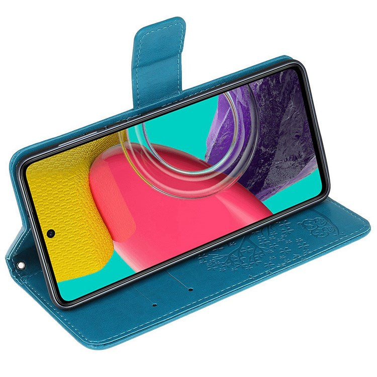 For Samsung Galaxy M33 5G (India Version) PU Leather Owl Tree Pattern Imprinted Phone Cover Wallet Viewing Stand Anti-Drop Protective Case with Wrist Strap - Blue