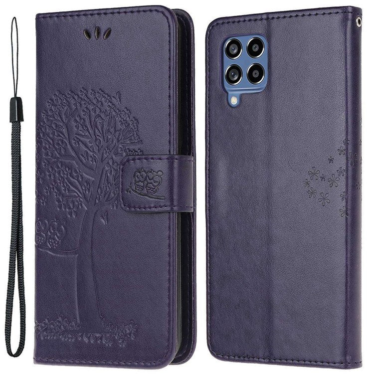 For Samsung Galaxy M33 5G (India Version) PU Leather Owl Tree Pattern Imprinted Phone Cover Wallet Viewing Stand Anti-Drop Protective Case with Wrist Strap - Dark Purple