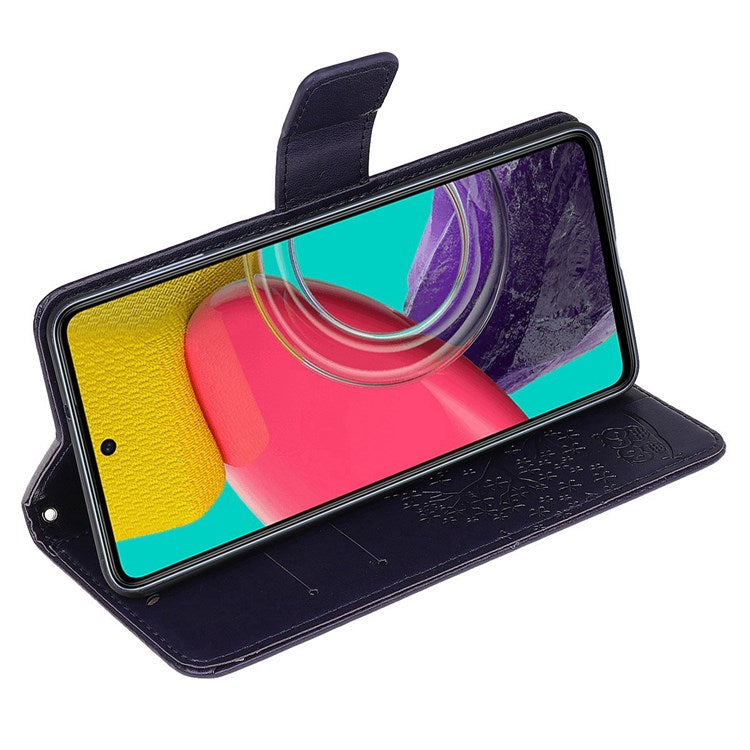For Samsung Galaxy M33 5G (India Version) PU Leather Owl Tree Pattern Imprinted Phone Cover Wallet Viewing Stand Anti-Drop Protective Case with Wrist Strap - Dark Purple