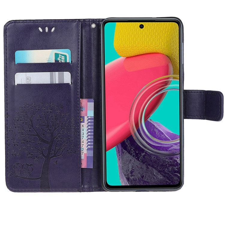 For Samsung Galaxy M33 5G (India Version) PU Leather Owl Tree Pattern Imprinted Phone Cover Wallet Viewing Stand Anti-Drop Protective Case with Wrist Strap - Dark Purple