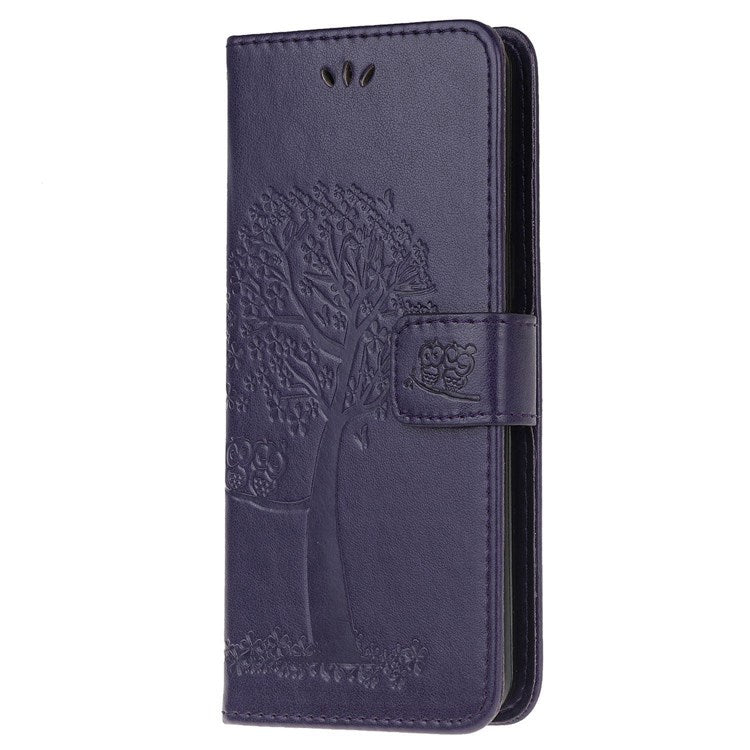 For Samsung Galaxy M33 5G (India Version) PU Leather Owl Tree Pattern Imprinted Phone Cover Wallet Viewing Stand Anti-Drop Protective Case with Wrist Strap - Dark Purple