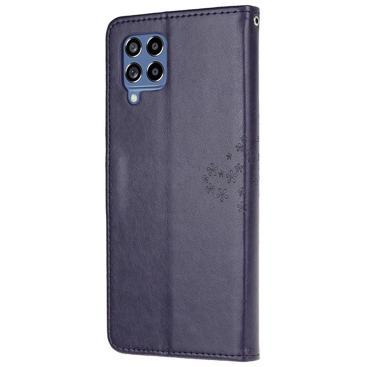 For Samsung Galaxy M33 5G (India Version) PU Leather Owl Tree Pattern Imprinted Phone Cover Wallet Viewing Stand Anti-Drop Protective Case with Wrist Strap - Dark Purple