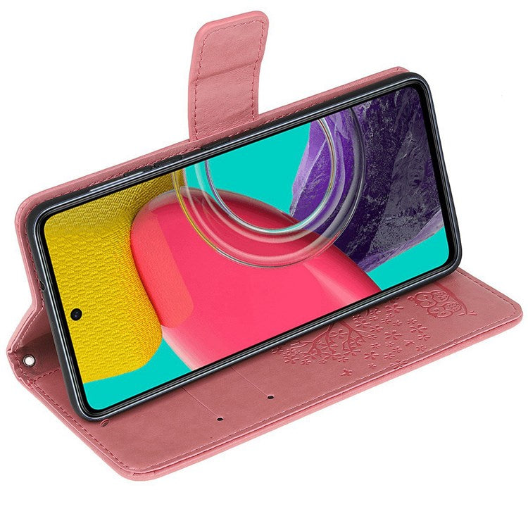 For Samsung Galaxy M33 5G (India Version) PU Leather Owl Tree Pattern Imprinted Phone Cover Wallet Viewing Stand Anti-Drop Protective Case with Wrist Strap - Pink
