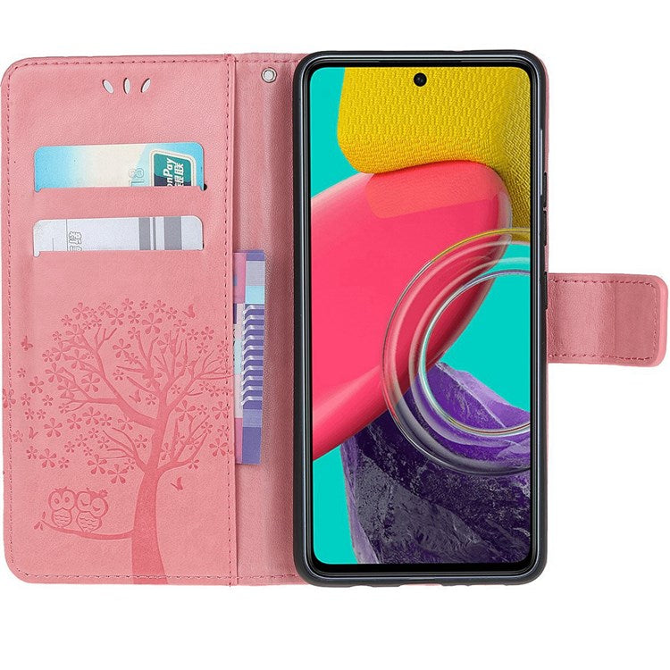 For Samsung Galaxy M33 5G (India Version) PU Leather Owl Tree Pattern Imprinted Phone Cover Wallet Viewing Stand Anti-Drop Protective Case with Wrist Strap - Pink