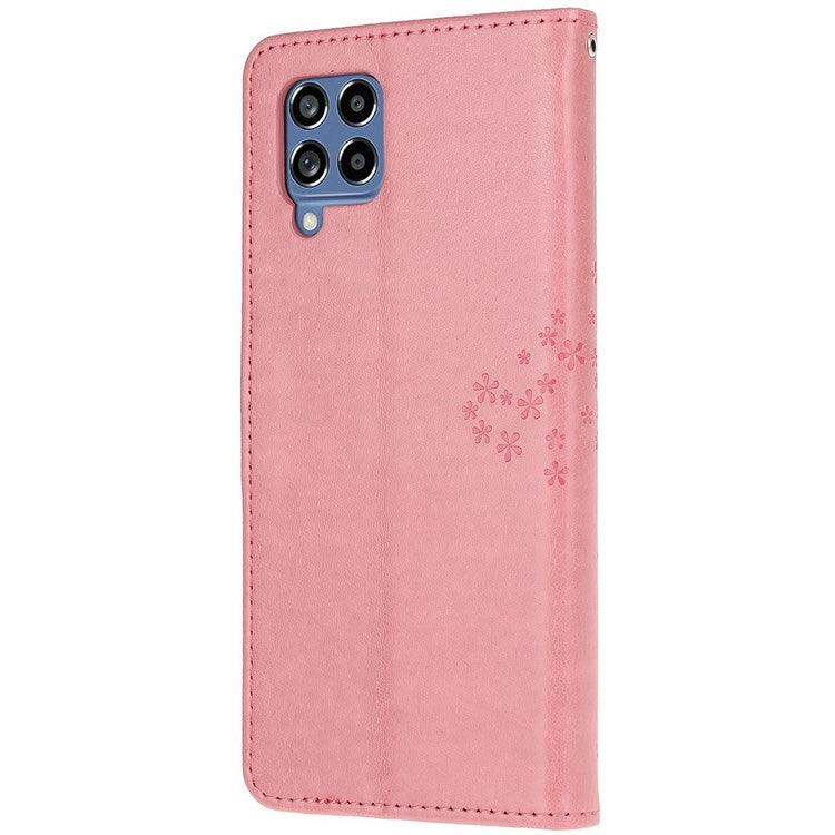 For Samsung Galaxy M33 5G (India Version) PU Leather Owl Tree Pattern Imprinted Phone Cover Wallet Viewing Stand Anti-Drop Protective Case with Wrist Strap - Pink