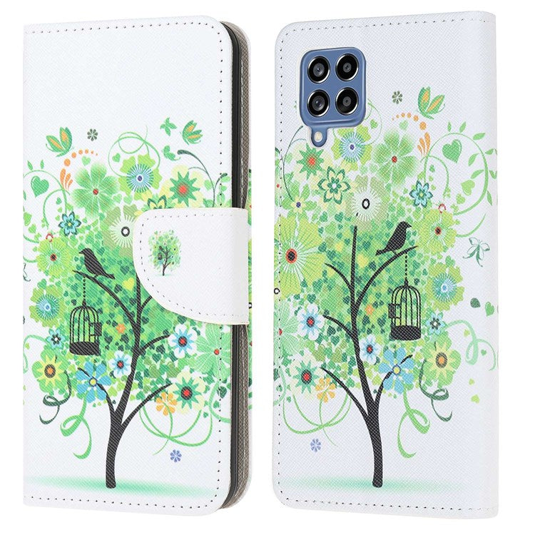 For Samsung Galaxy M53 5G Cross Texture Stylish Pattern Printing PU Leather Phone Case Stand Wallet Flip Cover - Green Tree