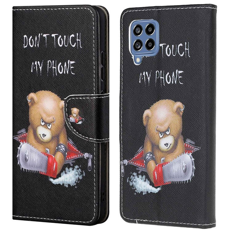 For Samsung Galaxy M53 5G Cross Texture Stylish Pattern Printing PU Leather Phone Case Stand Wallet Flip Cover - Bear