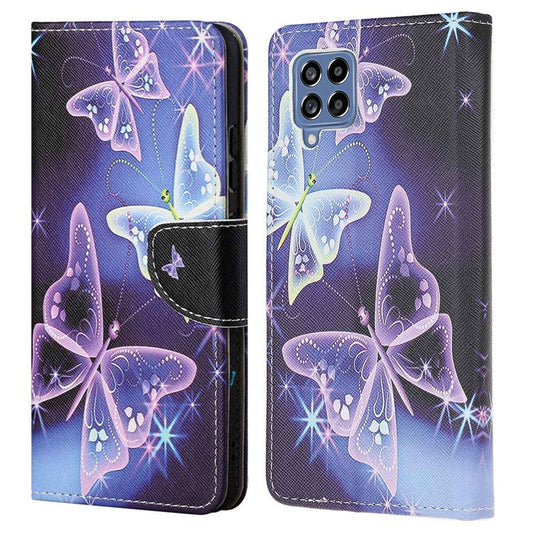 For Samsung Galaxy M53 5G Cross Texture Stylish Pattern Printing PU Leather Phone Case Stand Wallet Flip Cover - Sparkling Butterflies