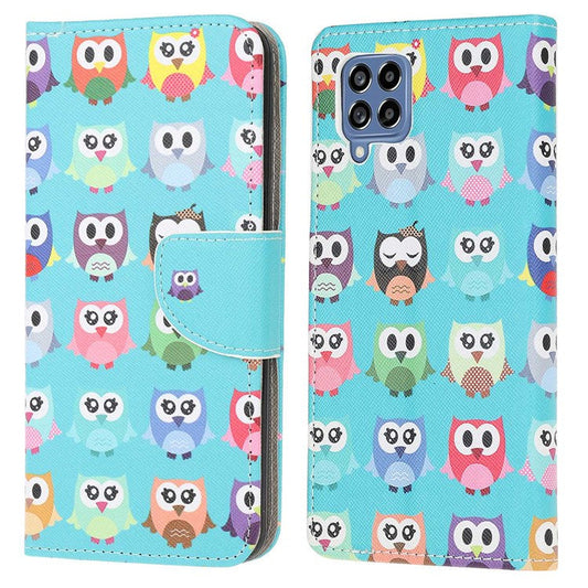 For Samsung Galaxy M53 5G Cross Texture Stylish Pattern Printing PU Leather Phone Case Stand Wallet Flip Cover - Owls