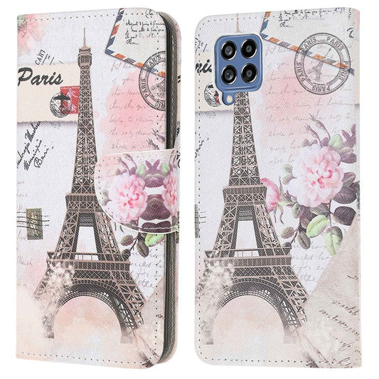 For Samsung Galaxy M53 5G Cross Texture Stylish Pattern Printing PU Leather Phone Case Stand Wallet Flip Cover - Tower
