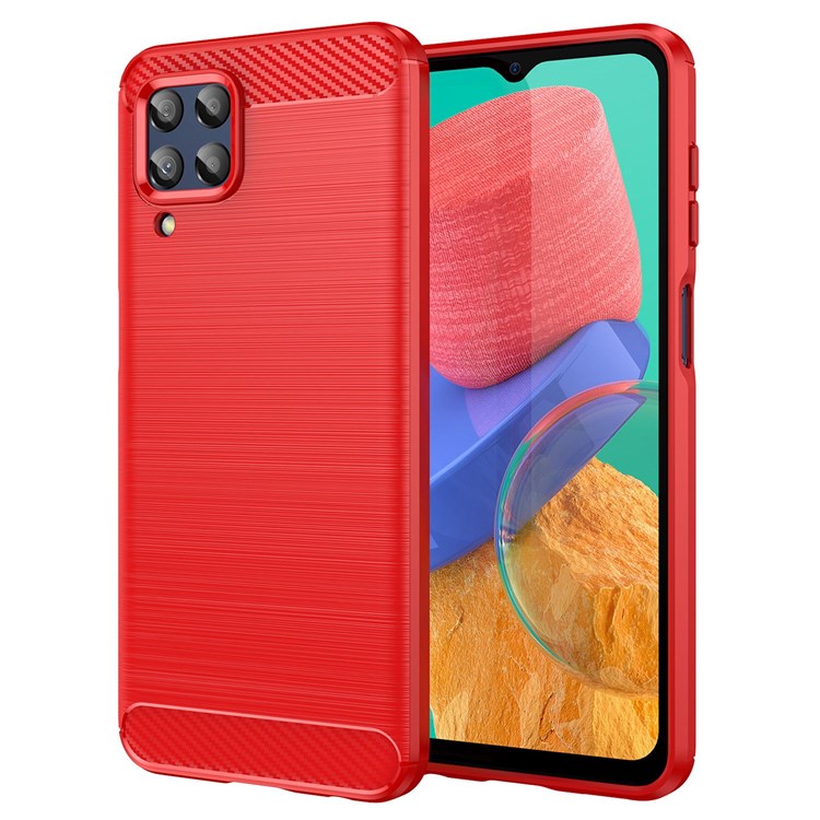 For Samsung Galaxy M33 5G (Global Version)/(India Version) Mobile Phone Cover Carbon Fiber Texture Brushed Surface 1.8mm TPU Smartphone Case - Red