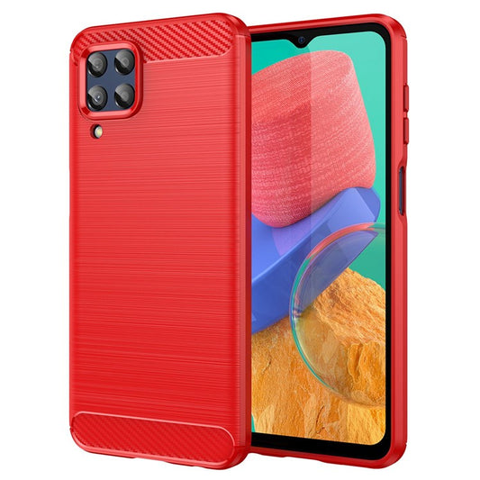 For Samsung Galaxy M33 5G (Global Version)/(India Version) Mobile Phone Cover Carbon Fiber Texture Brushed Surface 1.8mm TPU Smartphone Case - Red