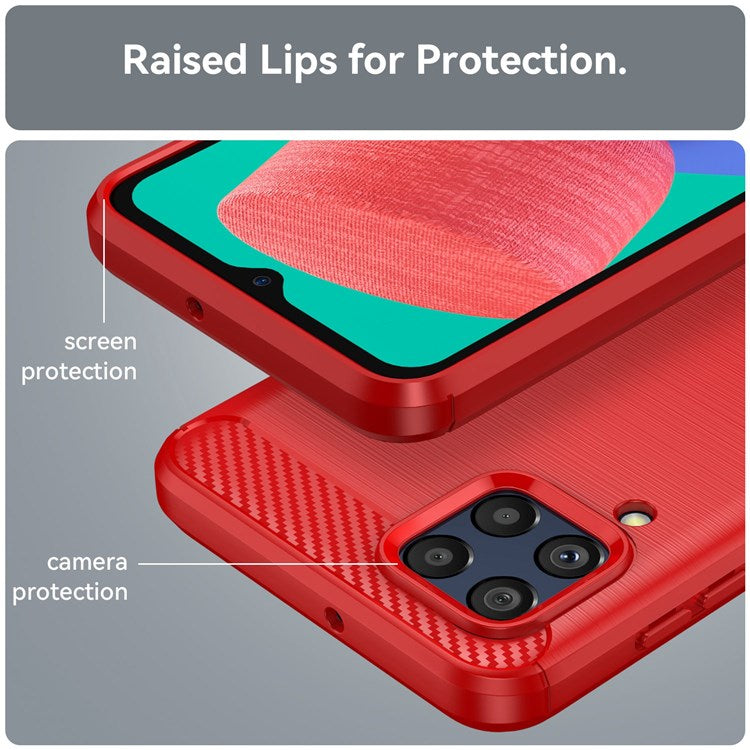 For Samsung Galaxy M33 5G (Global Version)/(India Version) Mobile Phone Cover Carbon Fiber Texture Brushed Surface 1.8mm TPU Smartphone Case - Red