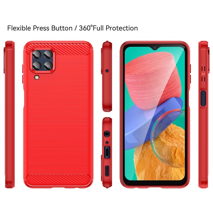For Samsung Galaxy M33 5G (Global Version)/(India Version) Mobile Phone Cover Carbon Fiber Texture Brushed Surface 1.8mm TPU Smartphone Case - Red