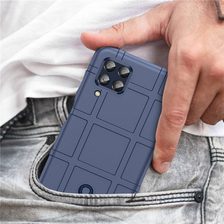 For Samsung Galaxy M33 5G (Global Version)/(India Version) Rugged Square Grid Phone Shell Bag Anti-drop Thickened TPU Protective Cover - Blue