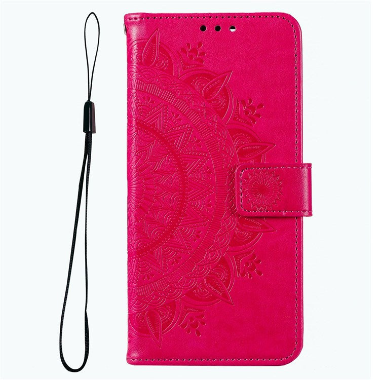 For Samsung Galaxy M33 5G (Global Version) Mandala Flower Pattern Imprinted PU Leather Magnetic Flip Cover Wrist Strap Wallet Stand Feature Shockproof Protective Case - Rose