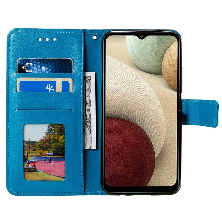 For Samsung Galaxy M33 5G (Global Version) Mandala Flower Pattern Imprinted PU Leather Magnetic Flip Cover Wrist Strap Wallet Stand Feature Shockproof Protective Case - Blue