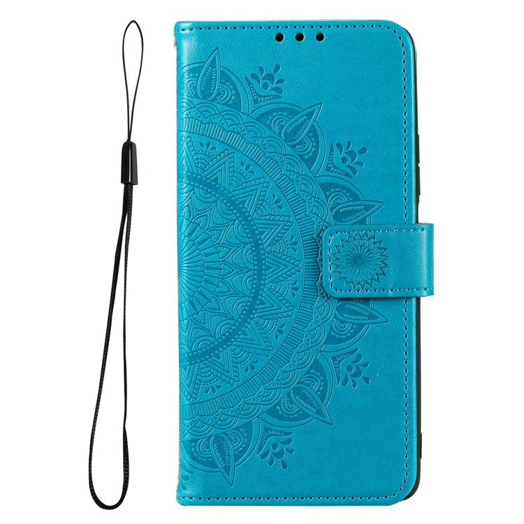 For Samsung Galaxy M33 5G (Global Version) Mandala Flower Pattern Imprinted PU Leather Magnetic Flip Cover Wrist Strap Wallet Stand Feature Shockproof Protective Case - Blue