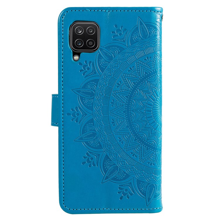 For Samsung Galaxy M33 5G (Global Version) Mandala Flower Pattern Imprinted PU Leather Magnetic Flip Cover Wrist Strap Wallet Stand Feature Shockproof Protective Case - Blue
