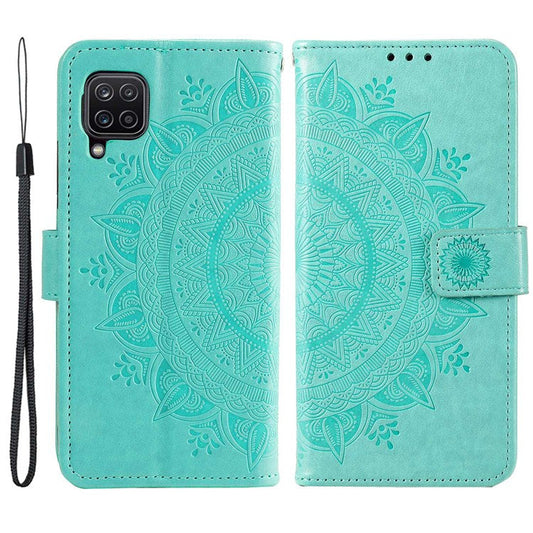 For Samsung Galaxy M33 5G (Global Version) Mandala Flower Pattern Imprinted PU Leather Magnetic Flip Cover Wrist Strap Wallet Stand Feature Shockproof Protective Case - Green