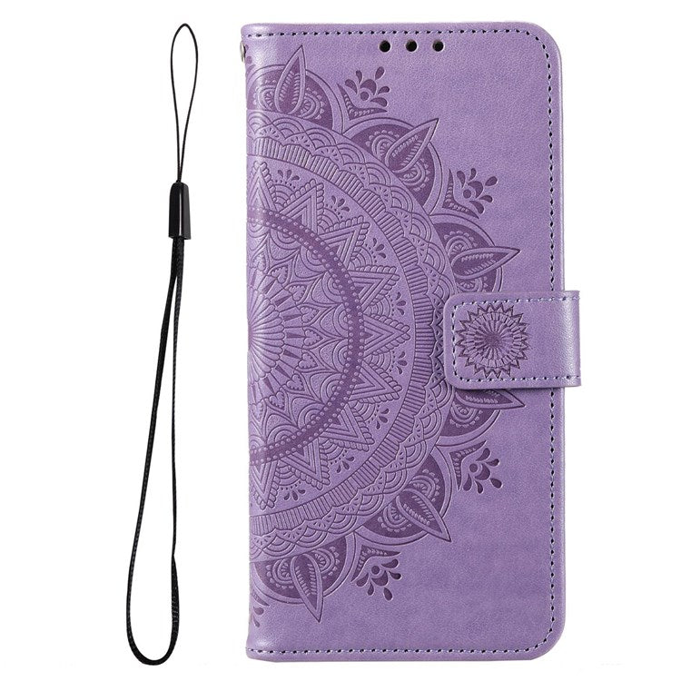 For Samsung Galaxy M33 5G (Global Version) Mandala Flower Pattern Imprinted PU Leather Magnetic Flip Cover Wrist Strap Wallet Stand Feature Shockproof Protective Case - Purple