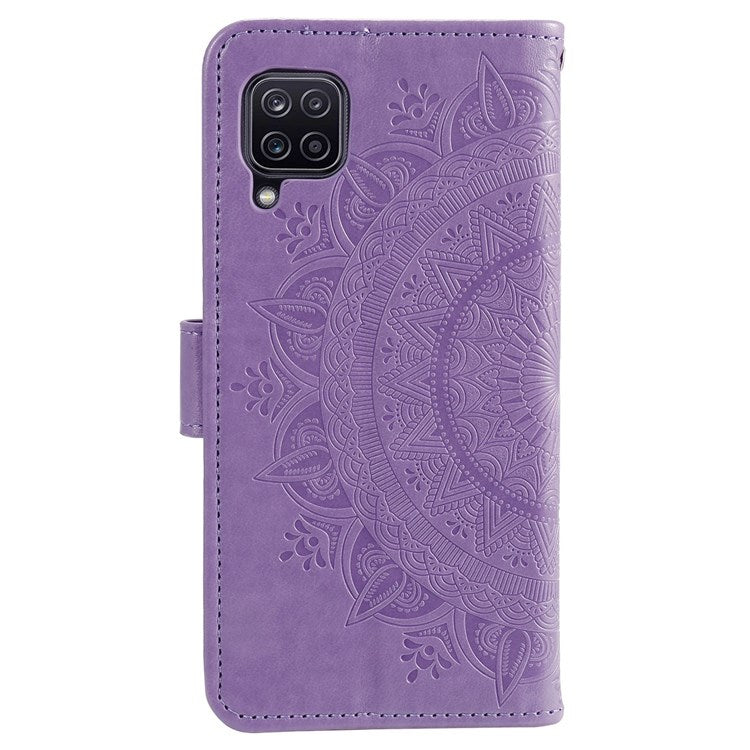 For Samsung Galaxy M33 5G (Global Version) Mandala Flower Pattern Imprinted PU Leather Magnetic Flip Cover Wrist Strap Wallet Stand Feature Shockproof Protective Case - Purple