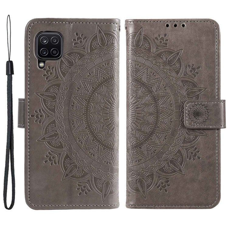 For Samsung Galaxy M33 5G (Global Version) Mandala Flower Pattern Imprinted PU Leather Magnetic Flip Cover Wrist Strap Wallet Stand Feature Shockproof Protective Case - Grey