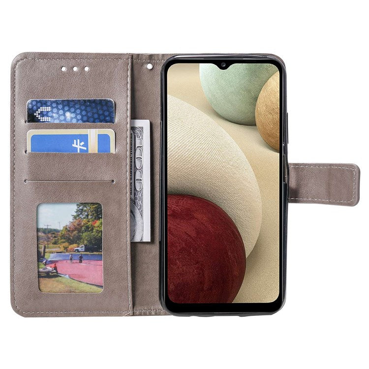 For Samsung Galaxy M33 5G (Global Version) Mandala Flower Pattern Imprinted PU Leather Magnetic Flip Cover Wrist Strap Wallet Stand Feature Shockproof Protective Case - Grey