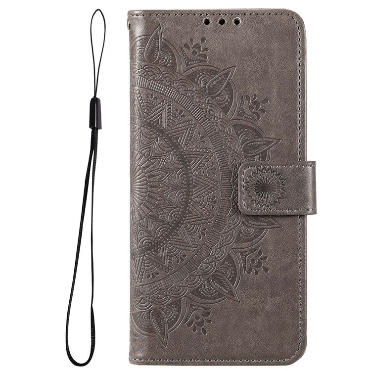 For Samsung Galaxy M33 5G (Global Version) Mandala Flower Pattern Imprinted PU Leather Magnetic Flip Cover Wrist Strap Wallet Stand Feature Shockproof Protective Case - Grey
