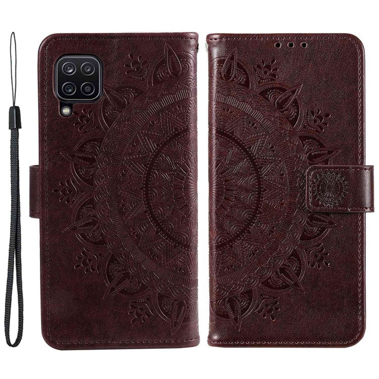 For Samsung Galaxy M33 5G (Global Version) Mandala Flower Pattern Imprinted PU Leather Magnetic Flip Cover Wrist Strap Wallet Stand Feature Shockproof Protective Case - Brown
