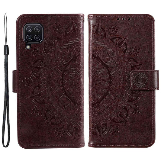 For Samsung Galaxy M33 5G (Global Version) Mandala Flower Pattern Imprinted PU Leather Magnetic Flip Cover Wrist Strap Wallet Stand Feature Shockproof Protective Case - Brown