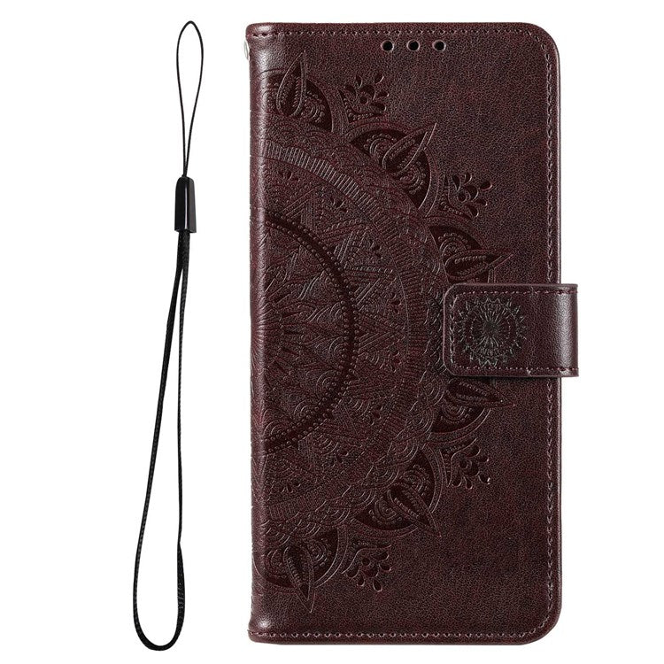 For Samsung Galaxy M33 5G (Global Version) Mandala Flower Pattern Imprinted PU Leather Magnetic Flip Cover Wrist Strap Wallet Stand Feature Shockproof Protective Case - Brown