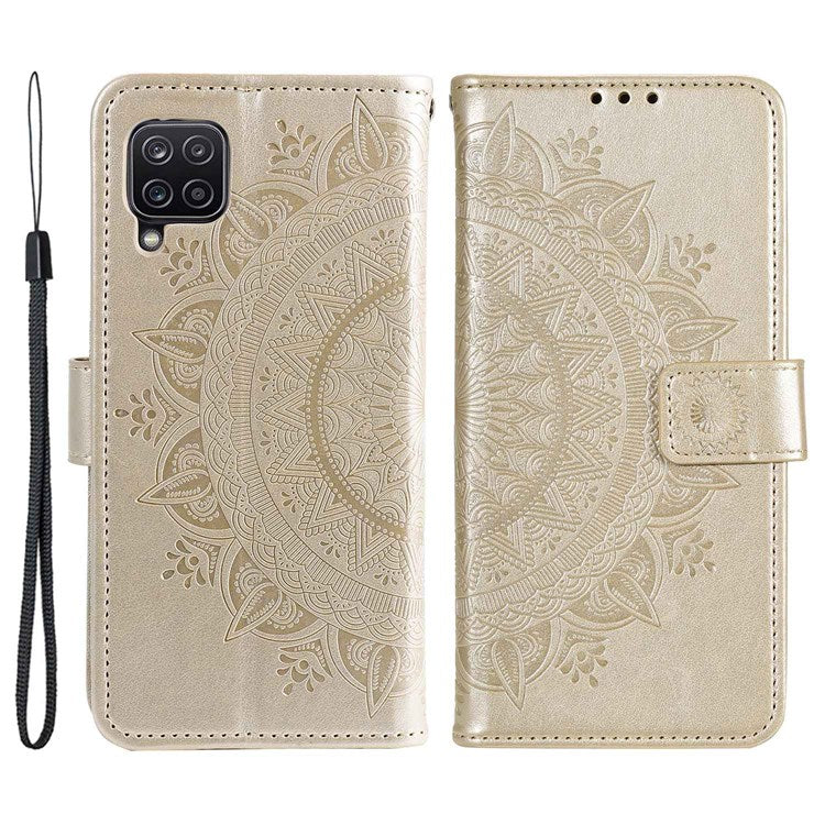 For Samsung Galaxy M33 5G (Global Version) Mandala Flower Pattern Imprinted PU Leather Magnetic Flip Cover Wrist Strap Wallet Stand Feature Shockproof Protective Case - Gold