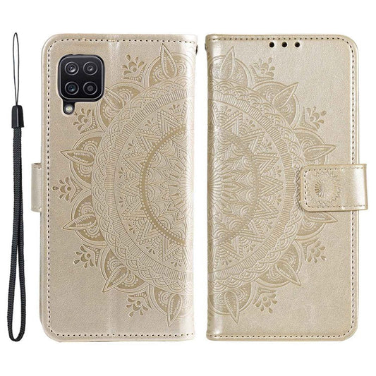 For Samsung Galaxy M33 5G (Global Version) Mandala Flower Pattern Imprinted PU Leather Magnetic Flip Cover Wrist Strap Wallet Stand Feature Shockproof Protective Case - Gold