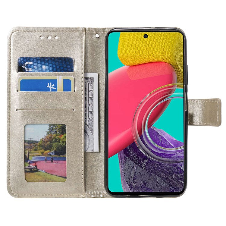 For Samsung Galaxy M33 5G (Global Version) Mandala Flower Pattern Imprinted PU Leather Magnetic Flip Cover Wrist Strap Wallet Stand Feature Shockproof Protective Case - Gold