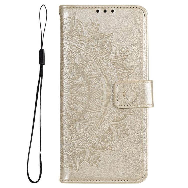 For Samsung Galaxy M33 5G (Global Version) Mandala Flower Pattern Imprinted PU Leather Magnetic Flip Cover Wrist Strap Wallet Stand Feature Shockproof Protective Case - Gold
