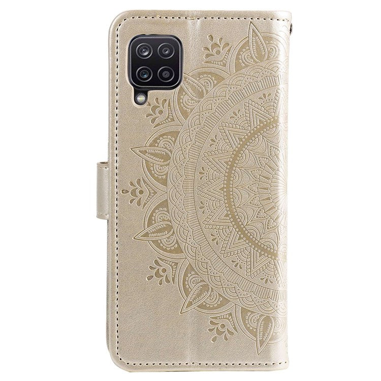 For Samsung Galaxy M33 5G (Global Version) Mandala Flower Pattern Imprinted PU Leather Magnetic Flip Cover Wrist Strap Wallet Stand Feature Shockproof Protective Case - Gold