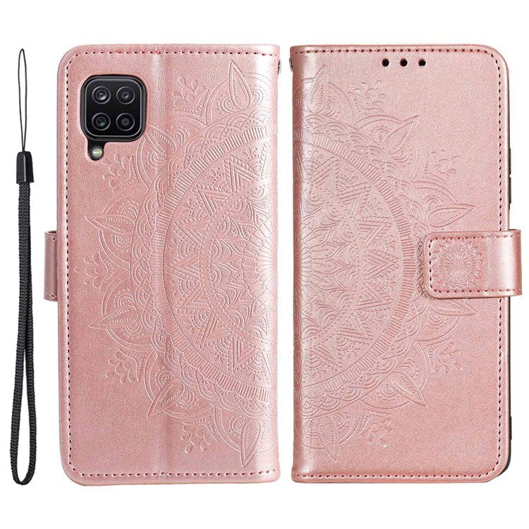For Samsung Galaxy M33 5G (Global Version) Mandala Flower Pattern Imprinted PU Leather Magnetic Flip Cover Wrist Strap Wallet Stand Feature Shockproof Protective Case - Rose Gold