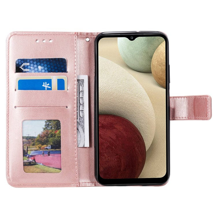 For Samsung Galaxy M33 5G (Global Version) Mandala Flower Pattern Imprinted PU Leather Magnetic Flip Cover Wrist Strap Wallet Stand Feature Shockproof Protective Case - Rose Gold
