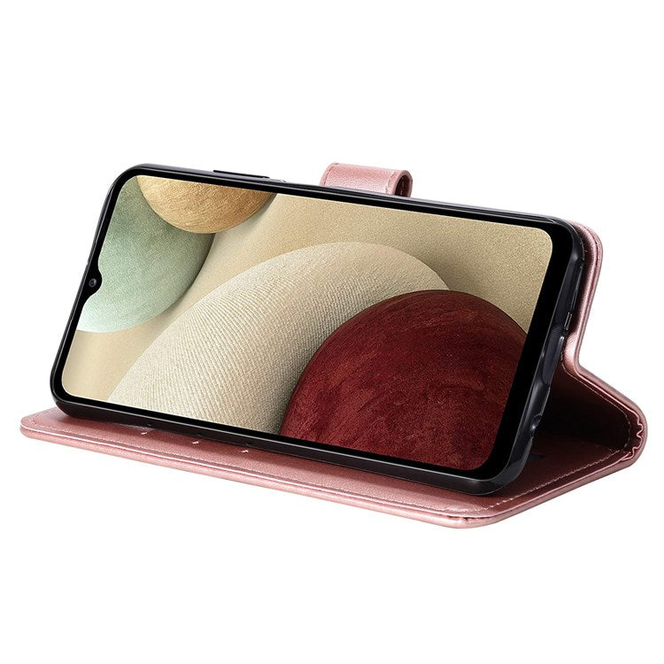 For Samsung Galaxy M33 5G (Global Version) Mandala Flower Pattern Imprinted PU Leather Magnetic Flip Cover Wrist Strap Wallet Stand Feature Shockproof Protective Case - Rose Gold