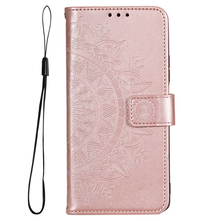 For Samsung Galaxy M33 5G (Global Version) Mandala Flower Pattern Imprinted PU Leather Magnetic Flip Cover Wrist Strap Wallet Stand Feature Shockproof Protective Case - Rose Gold