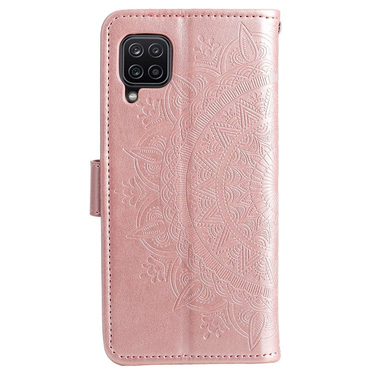 For Samsung Galaxy M33 5G (Global Version) Mandala Flower Pattern Imprinted PU Leather Magnetic Flip Cover Wrist Strap Wallet Stand Feature Shockproof Protective Case - Rose Gold