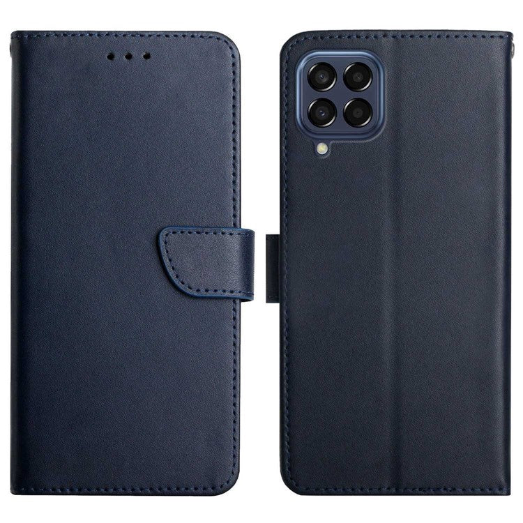 For Samsung Galaxy M53 5G Wallet Stand Genuine Leather Nappa Texture Magnetic Closing Anti-fall Phone Case - Blue