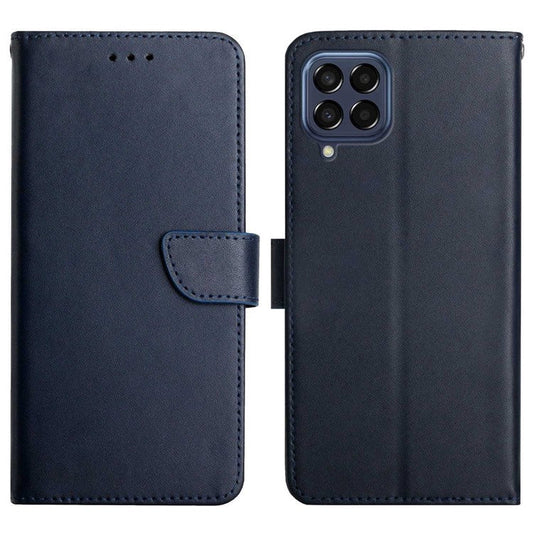 For Samsung Galaxy M33 5G Shockproof Magnetic Closing Genuine Leather Nappa Texture Wallet Stand Function Phone Case - Blue
