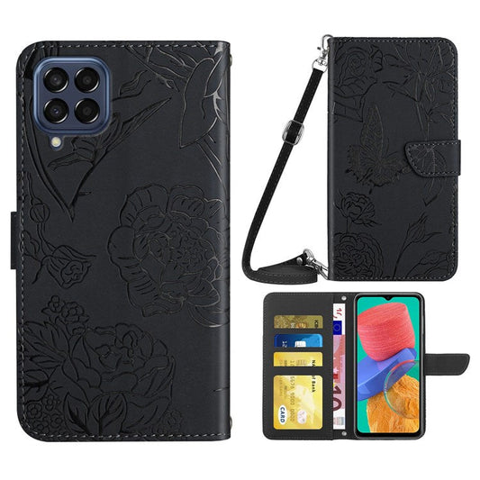 For Samsung Galaxy M33 5G (Global Version) Imprinting Butterfly Flowers Case PU Leather Wallet Stand Phone Cover with Shoulder Strap - Black
