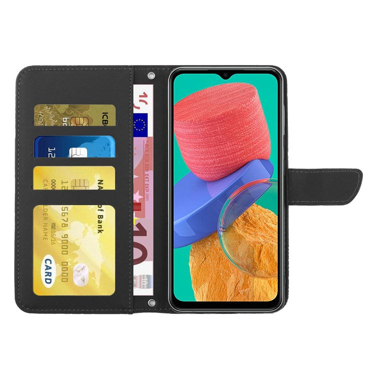 For Samsung Galaxy M33 5G (Global Version) Imprinting Butterfly Flowers Case PU Leather Wallet Stand Phone Cover with Shoulder Strap - Black
