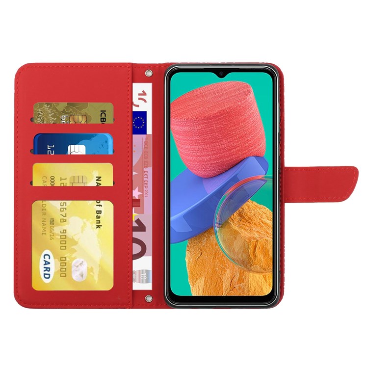 For Samsung Galaxy M33 5G (Global Version) Imprinting Butterfly Flowers Case PU Leather Wallet Stand Phone Cover with Shoulder Strap - Red