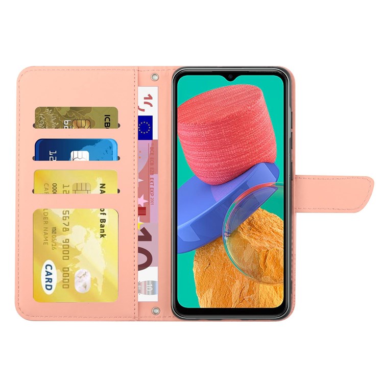 For Samsung Galaxy M33 5G (Global Version) Imprinting Butterfly Flowers Case PU Leather Wallet Stand Phone Cover with Shoulder Strap - Pink
